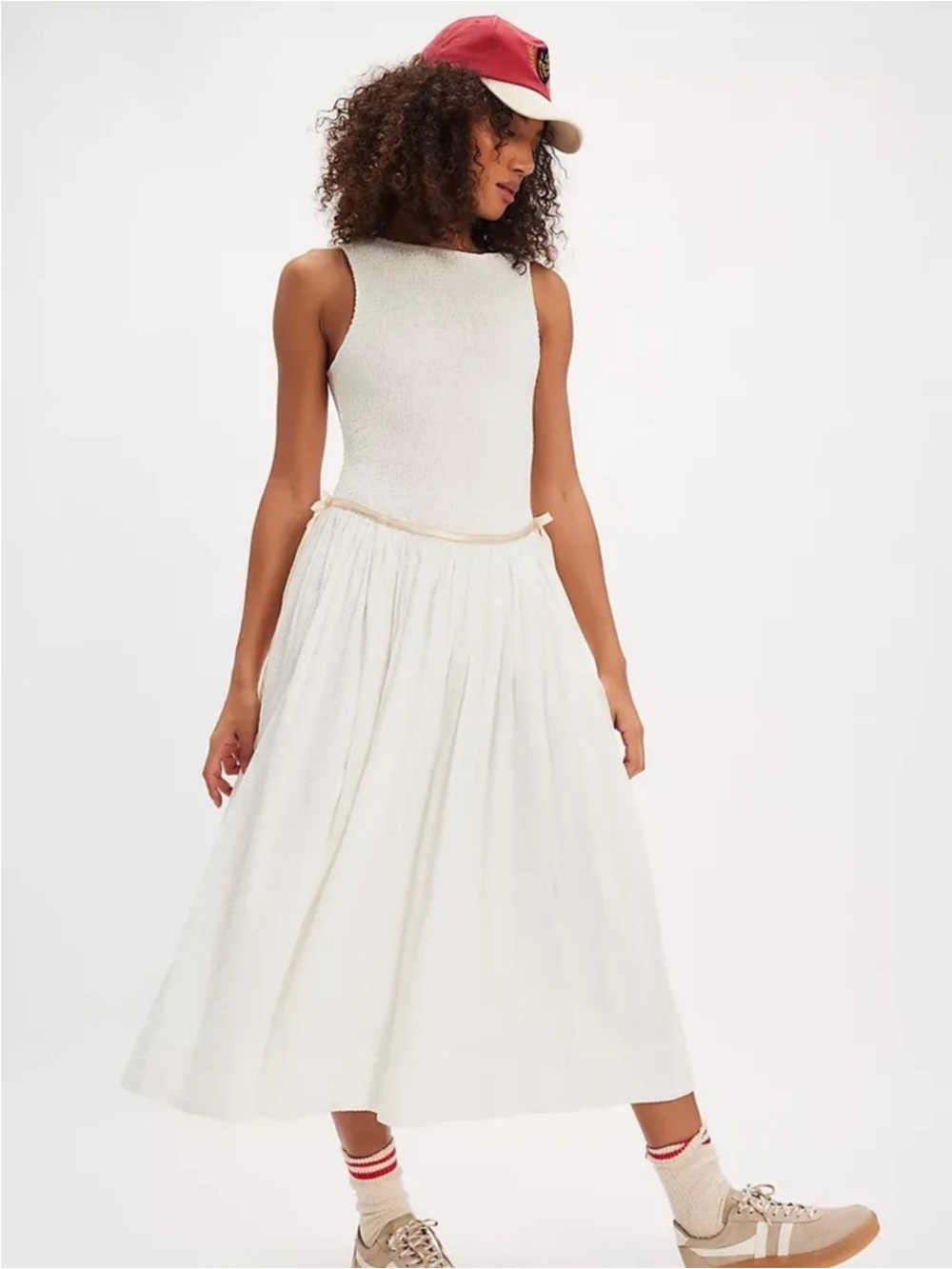 Nwt Free People Nightingale Cream Sleeveless Smocked ribbon Midi Dress Small